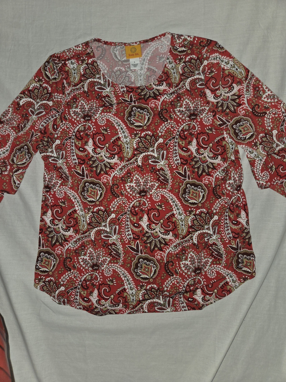 Ruby Rd. Red Paisley Long Sleeve Scoop Neck Top